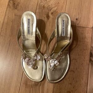Manolo Blahnik Gold Heels with Pink Embellishments